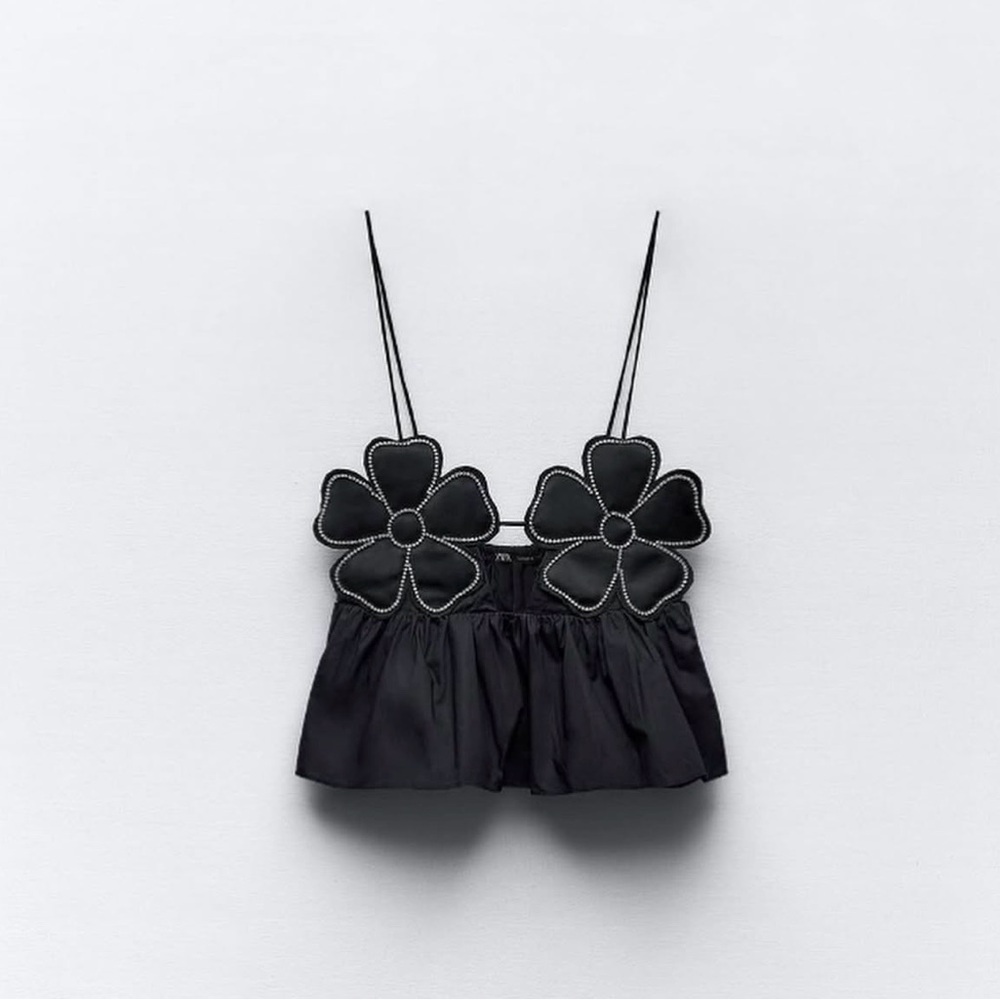Zara Rhinestone Floral Black Poplin Top